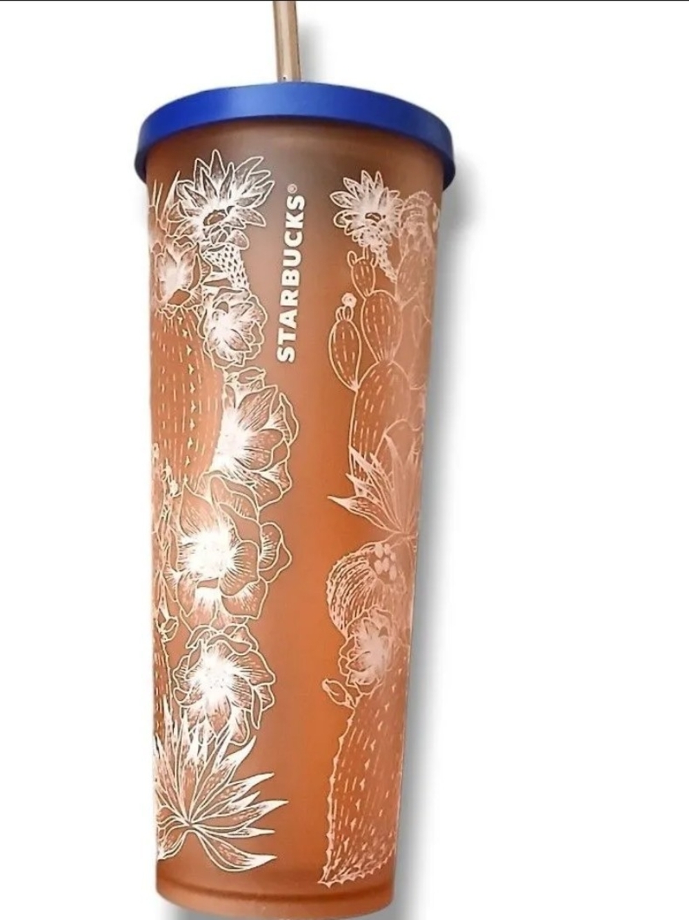 Starbucks Soft Touch Cactus Floral Peach 24 oz Tumbler with Blue Lid & Straw.